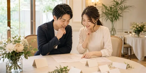 家族婚には誰を呼ぶか思案する新郎新婦の画像